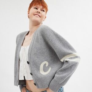 Coach Gray Cardigan Sweater with Ivory 'C' and Sleeve Stripe LIKE NEW